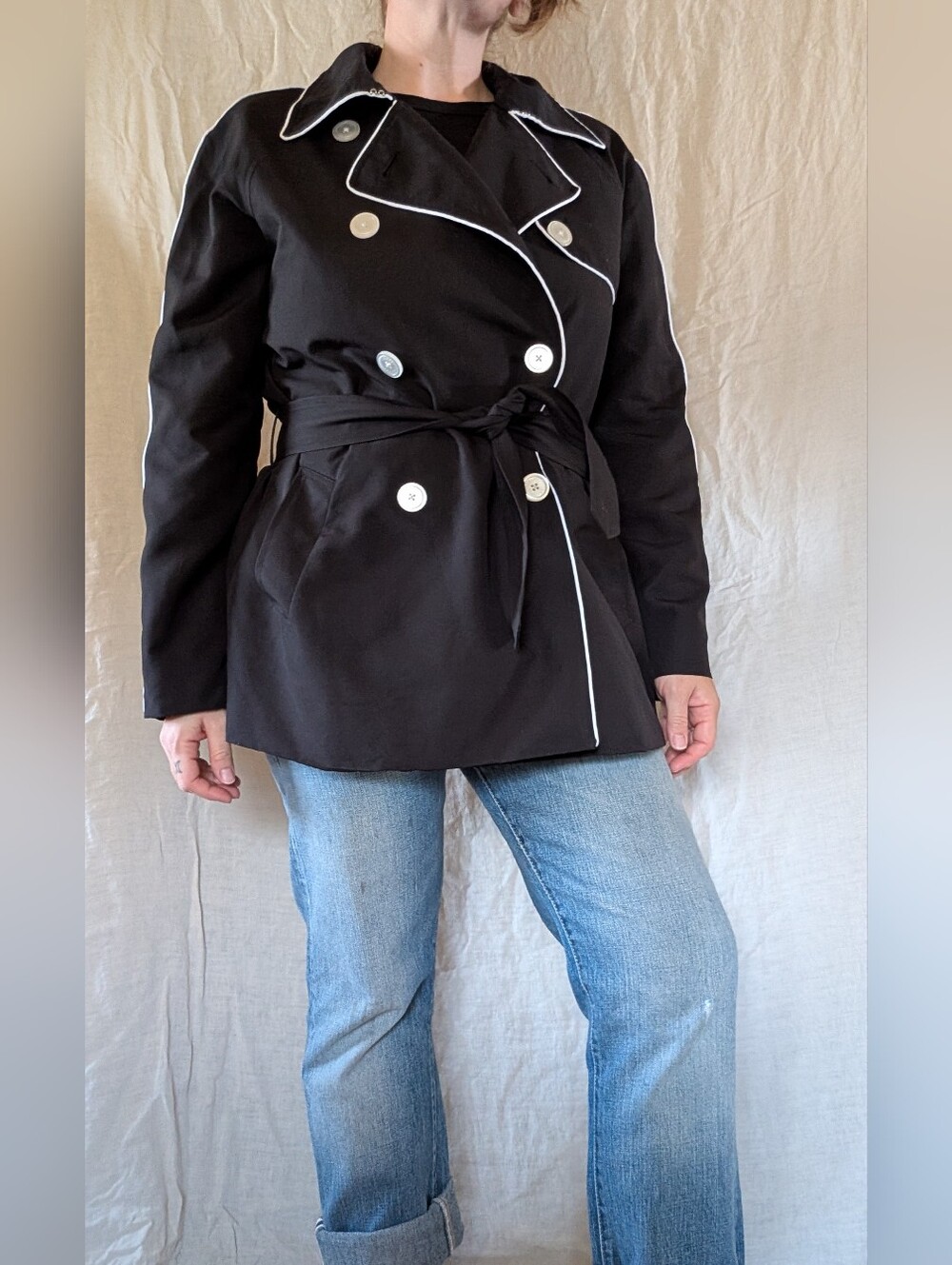 Chaps Black Double-Breasted Trench Coat with White Piping